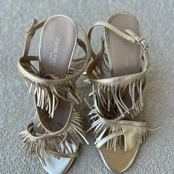 Perla Formentini Allegra Gold Platino Fringe Leather Heels Size 39 - Picture 9 of 11